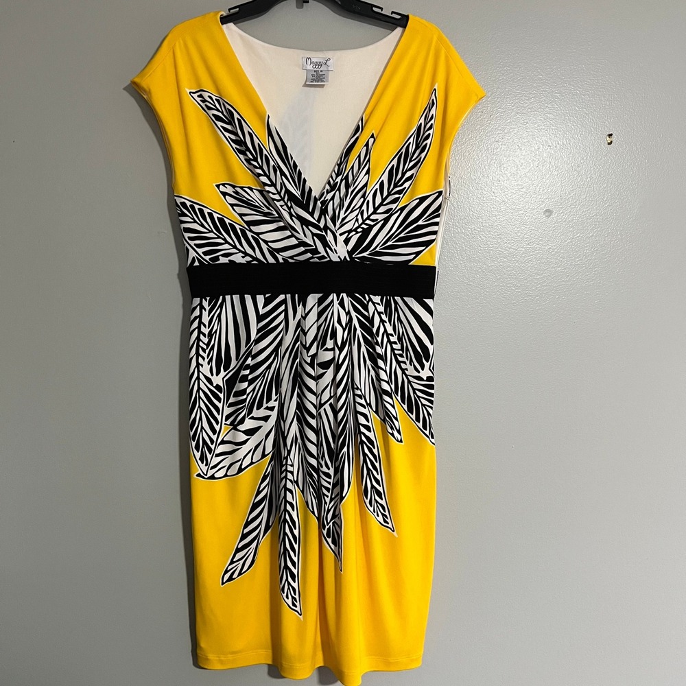 Maggy L Yellow Black White Tropical Leaf Print V-Neck Sheath Dress Size‎ 14 Bold